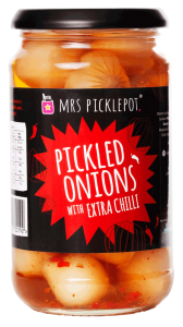 a jar of Mrs Picklepot pickled onions with extra chilli