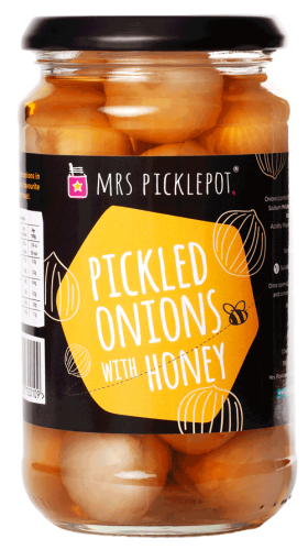 a jar of Mrs Picklepot pickled onions with honey