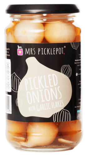 Mrs Picklepot pickled onions with garlic flakes
